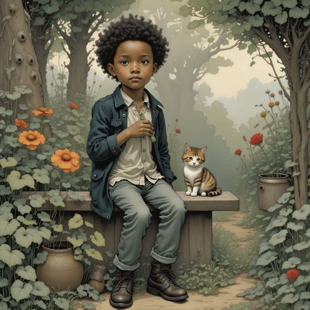 Whimsical Boy and Feline Friend in a Fantastical Garden