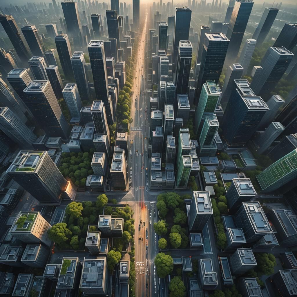 Sunset Over Dark Blue Glass Skyscrapers