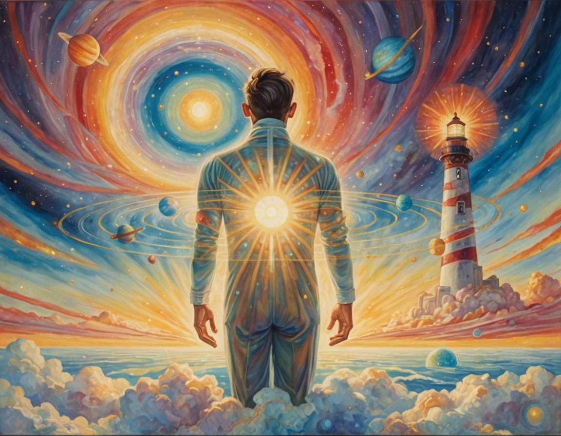 Transparent Man in Solar System: Surreal Celestial Scene