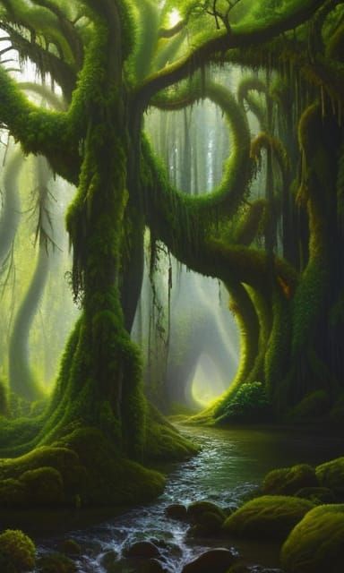 Mystical Forest Painting with Waterfalls and Gnarled Trees