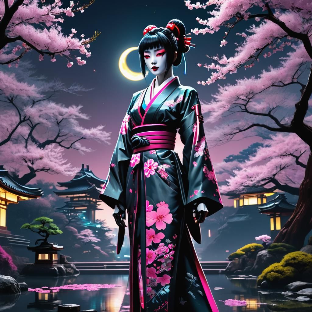 Cyber Geisha in Japanese Garden Under Moonlight