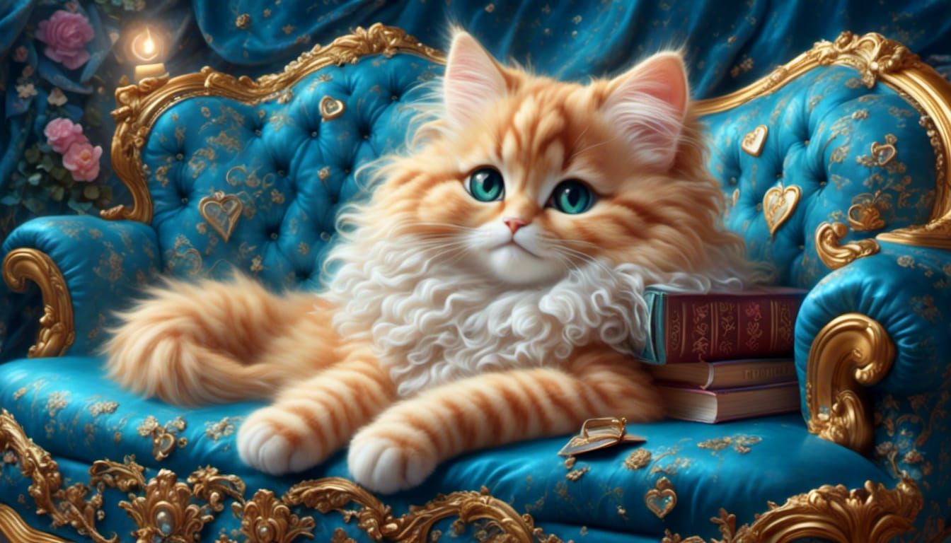 <lora:LumiBooks:1.0> <lora:Adorable 3D Real:1.0> chibi round cat laying on a blue baroque sofa,hearts book ethereal fant...