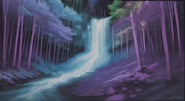 Waterfall Forest Under Blue Moon in Gouache Watercolor