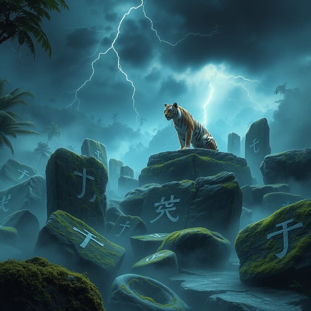 Ethereal Rainforest Scene with Ancient Stones and Tiger