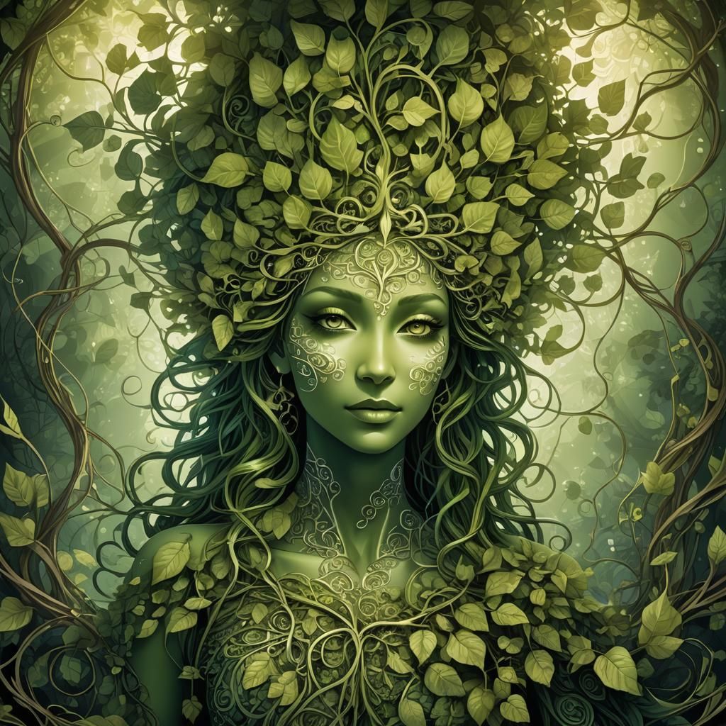Mystical Green Tree Goddess in Abstract Fractal Art