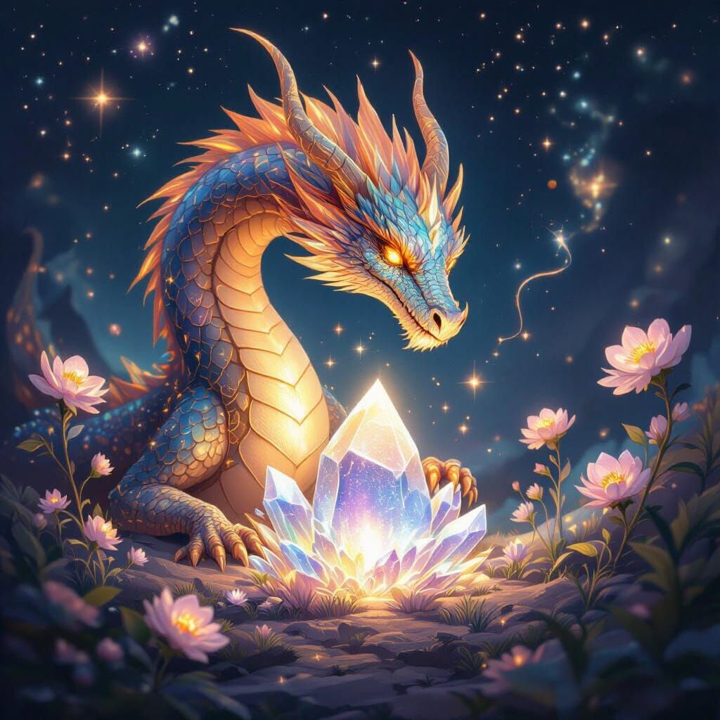 Cosmic Dragon Guards Galactic Crystal with Glowing Flowers