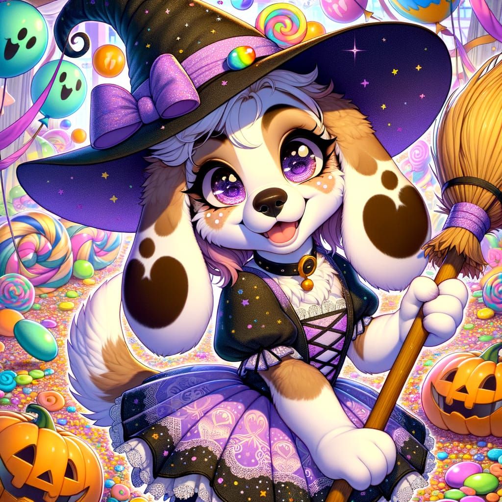 Cute Witch Puppy Girl in Whimsical Halloween Scene