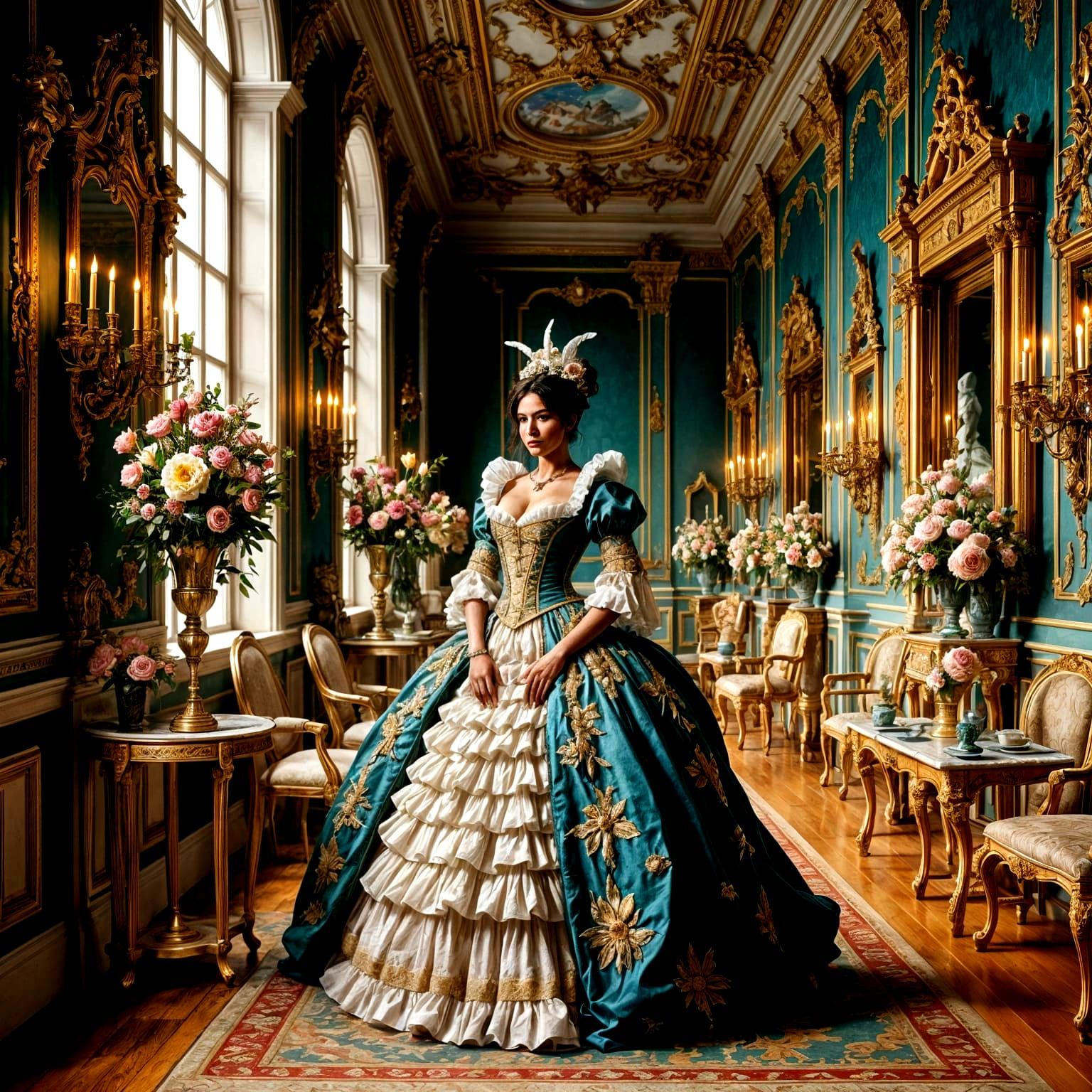 Elegant Horrorcore Rococo Lady in Opulent Setting