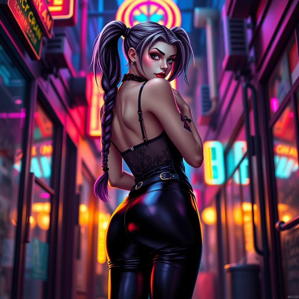 Anime Harley Quinn in Neon Gothic Alley