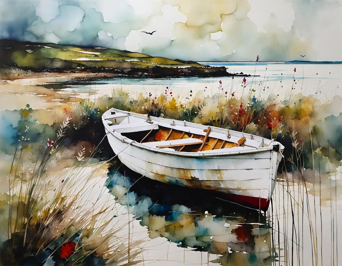White Dinghy on Summer Beach: Encaustic Painting