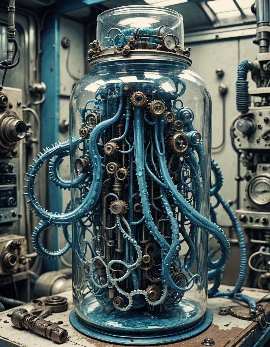 Retro Sci-Fi Lab with Biomechanical Device