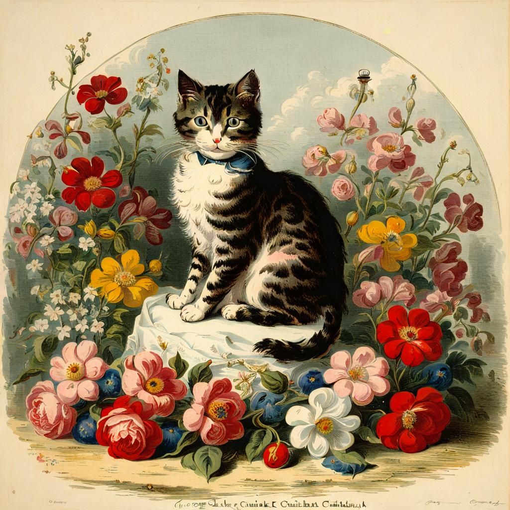 Cute Cat with Heart Lights in Cruikshank Style