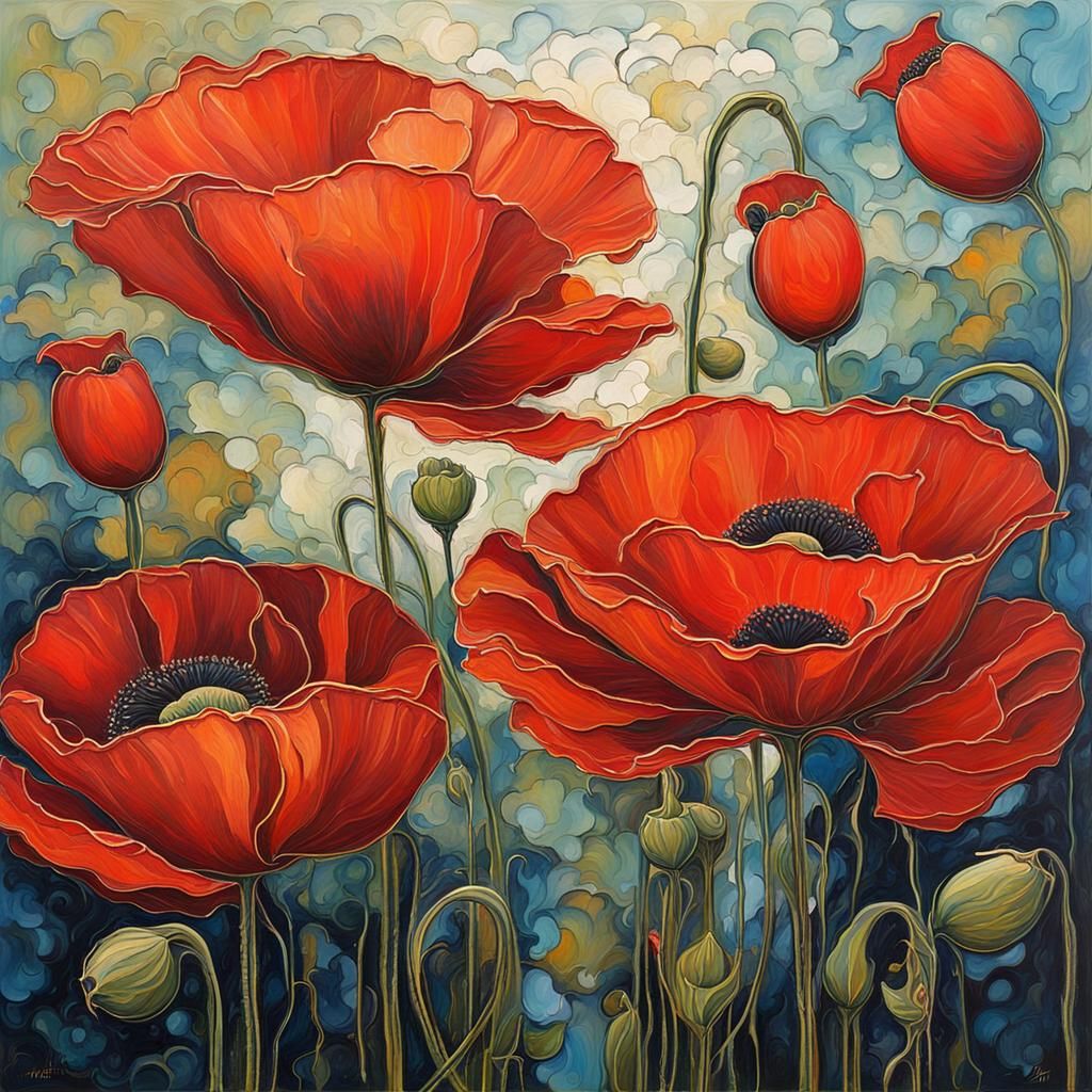 Art Nouveau Poppies in Abstract Style