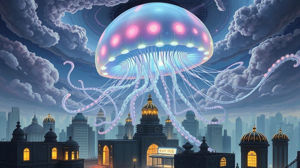 Surreal Cityscape Illuminated by Iridescent Jellyfish