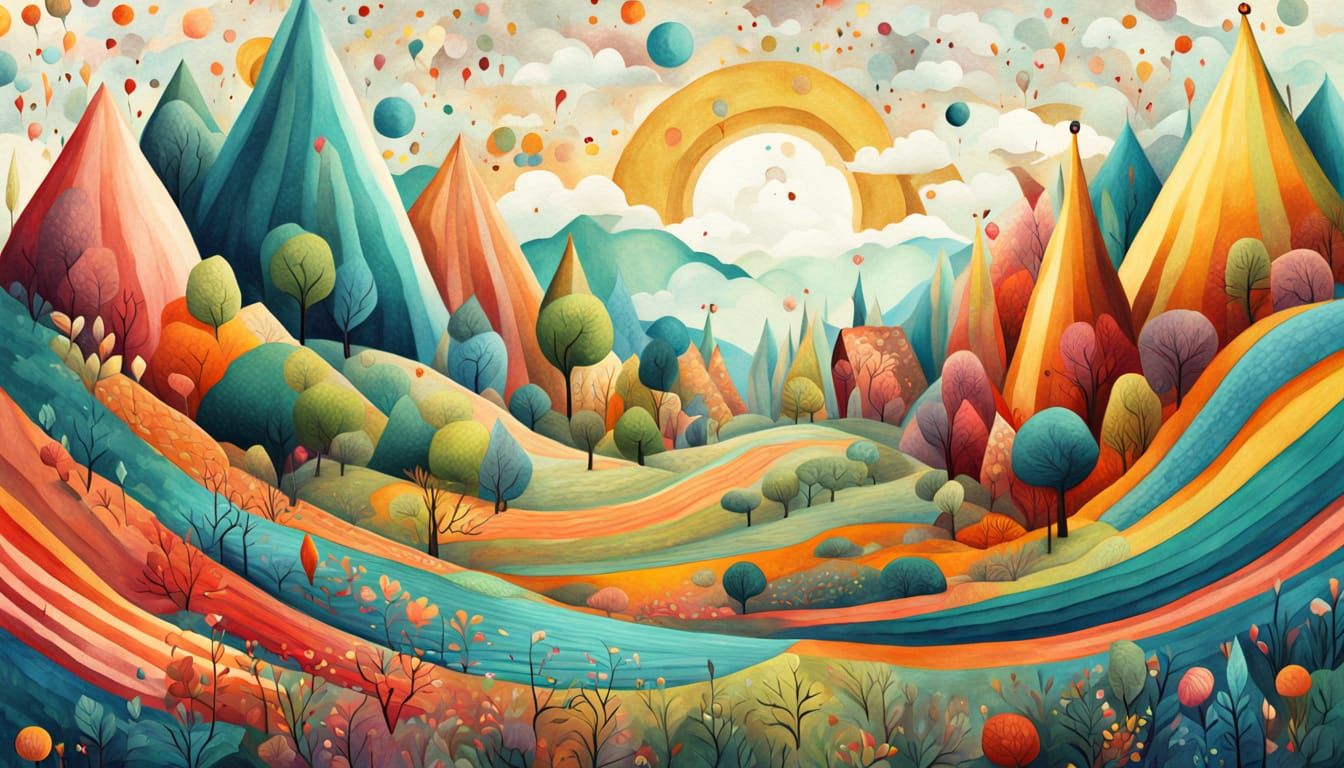 Whimsical Striped Village in Vibrant Dreamlike Landscape