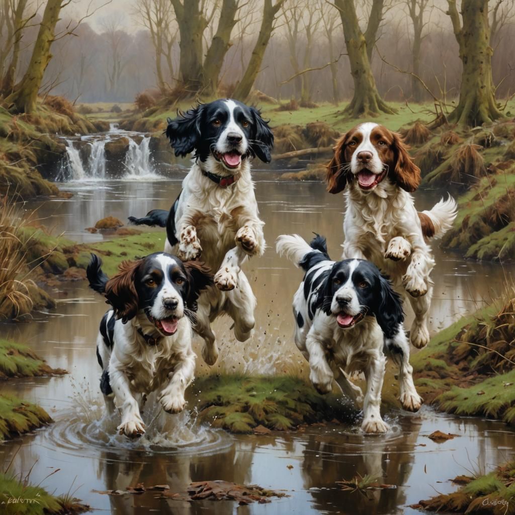 Springer Spaniels Flushing Game as Oil Painting