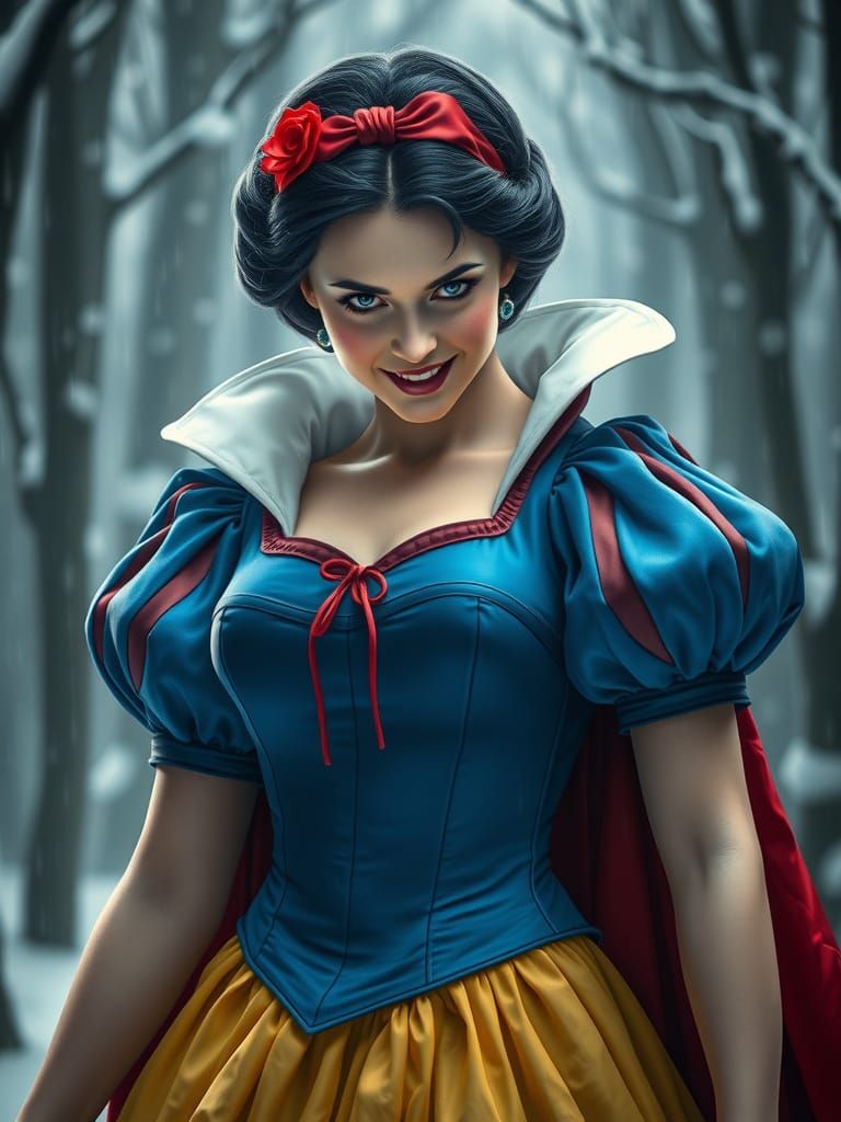 Evil Snow White Staring Intensely in Winter Forest