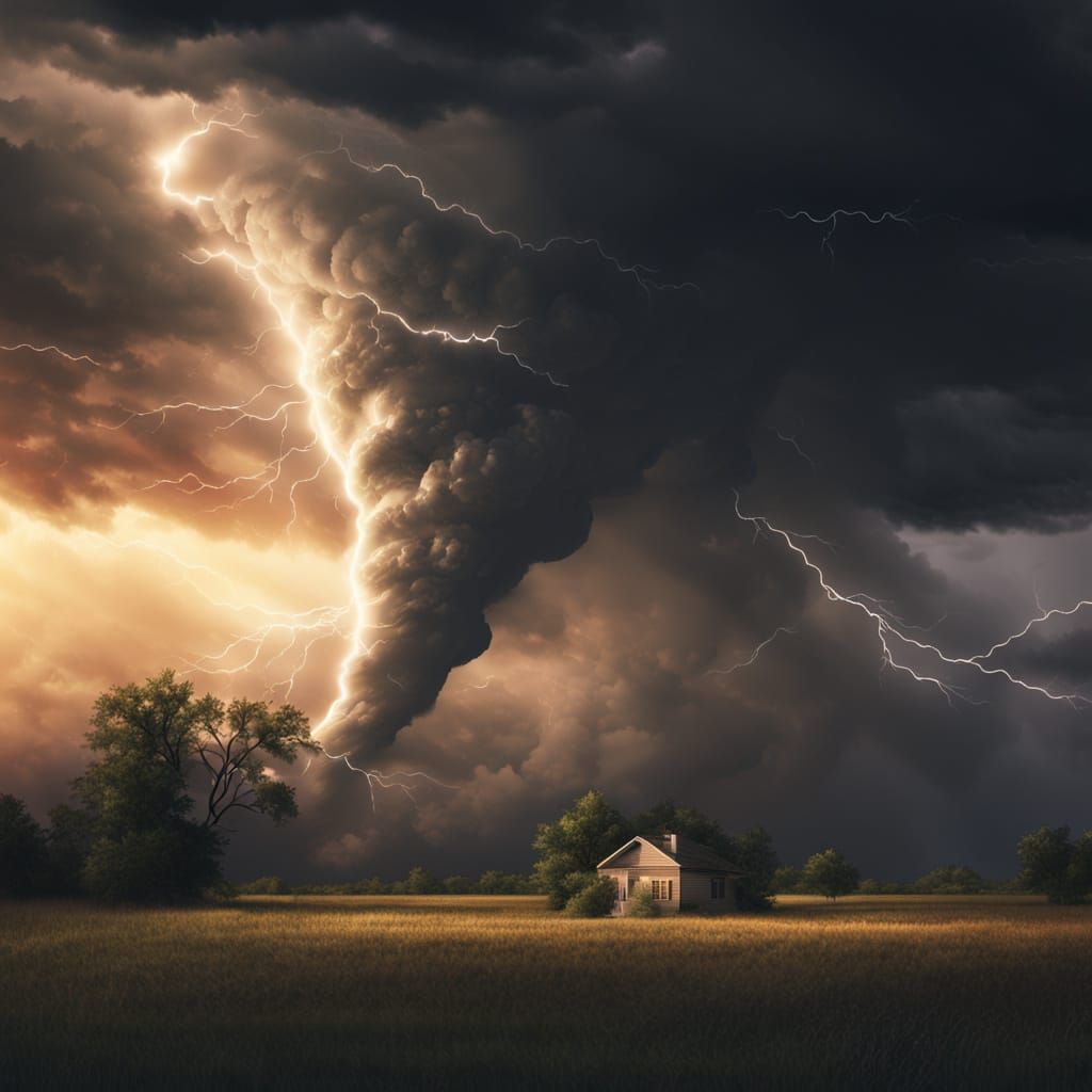 ⛈️🌧️🌩️🌪️⚡ Intense tornadic summer storm, lowering wall cloud, tornado, lightning;  digital illustration, realistic