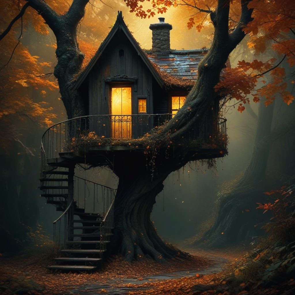 Whimsical Abandoned Treehouse in Autumnal Twilight