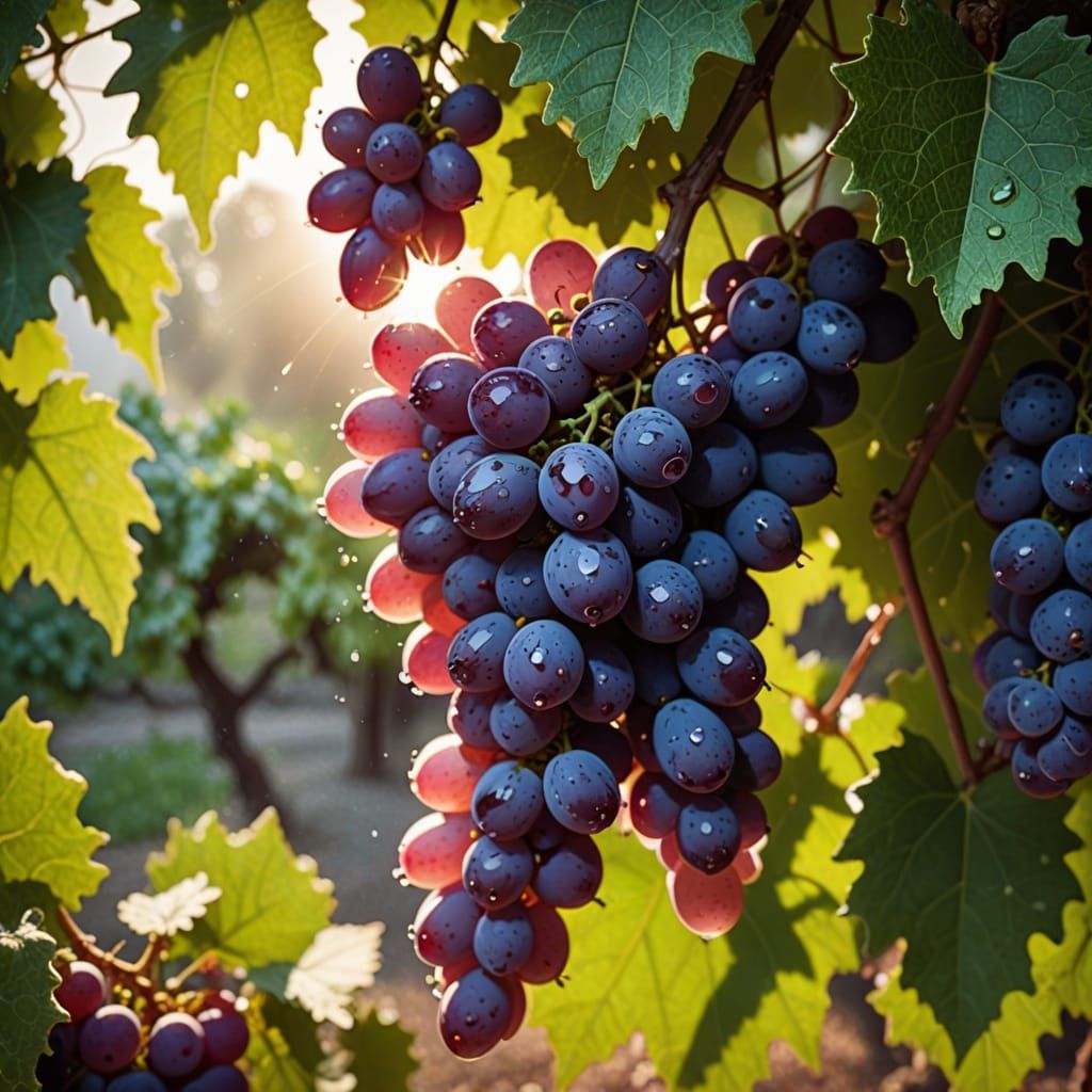 Glowing Grapes Amidst Lush Vines and Misty Oak