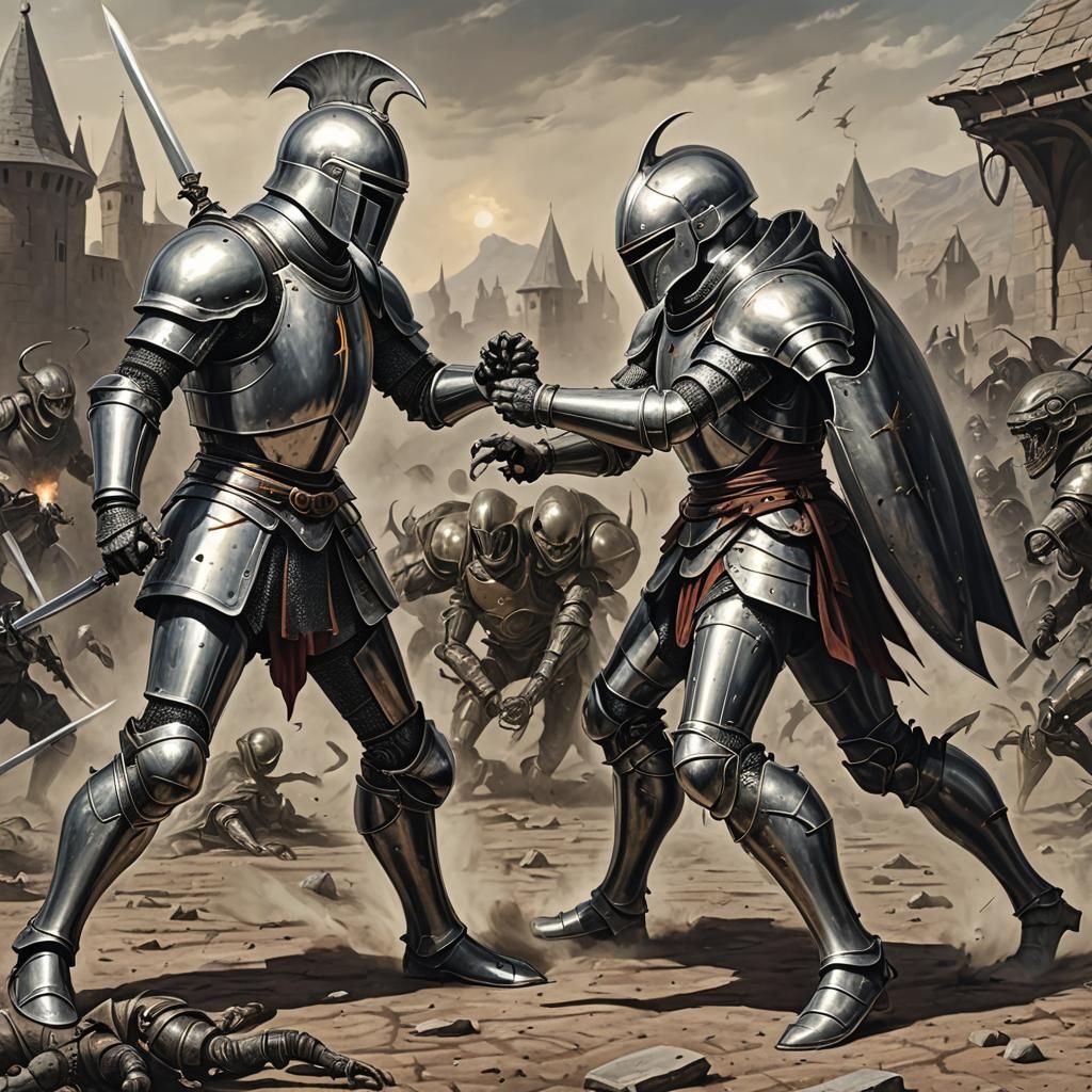 Knight Battles Alien in Sci-Fi Confrontation