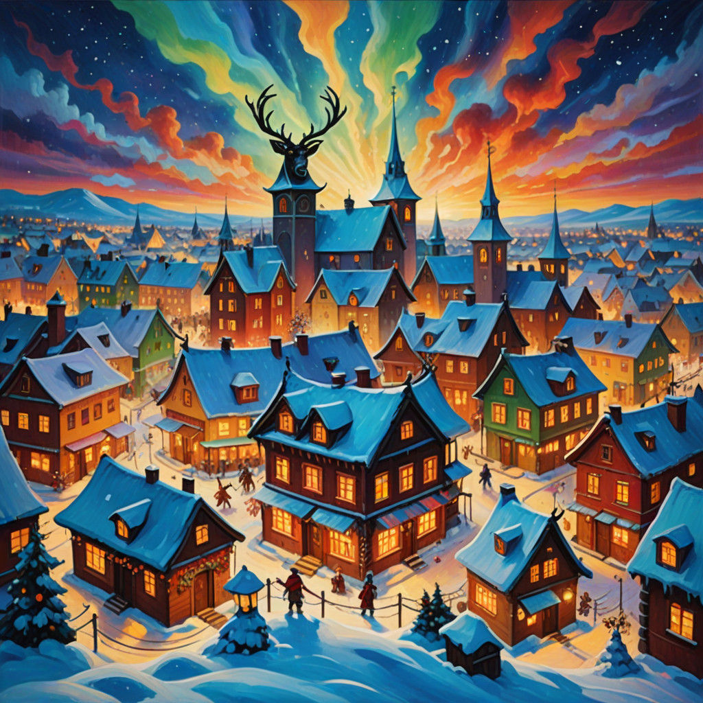 Surreal Krampus Holiday Scene in Vibrant Oil Painting