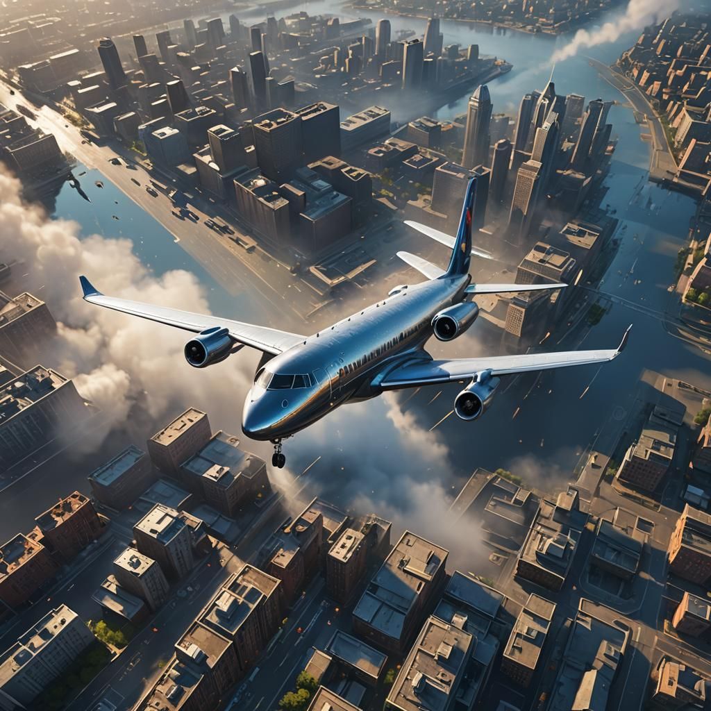 Passenger Jet Vapor Trail Over Cityscape