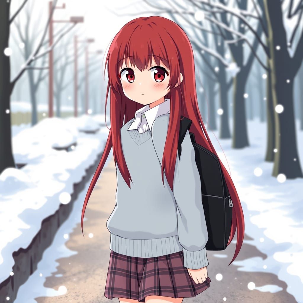 Whimsical Winter Schoolgirl Walks to Class in Anime Art Styl...