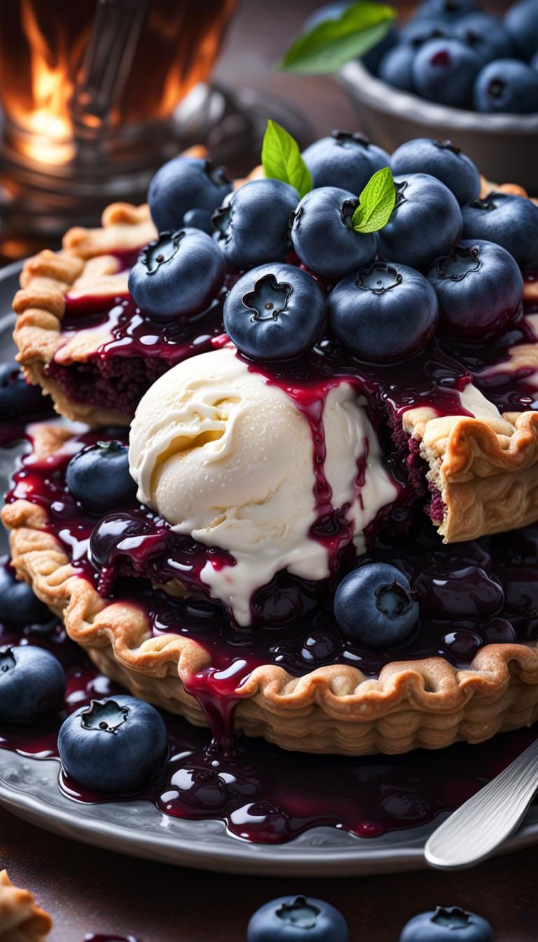Delicious Blueberry Pie with Ice Cream, Digital Painting