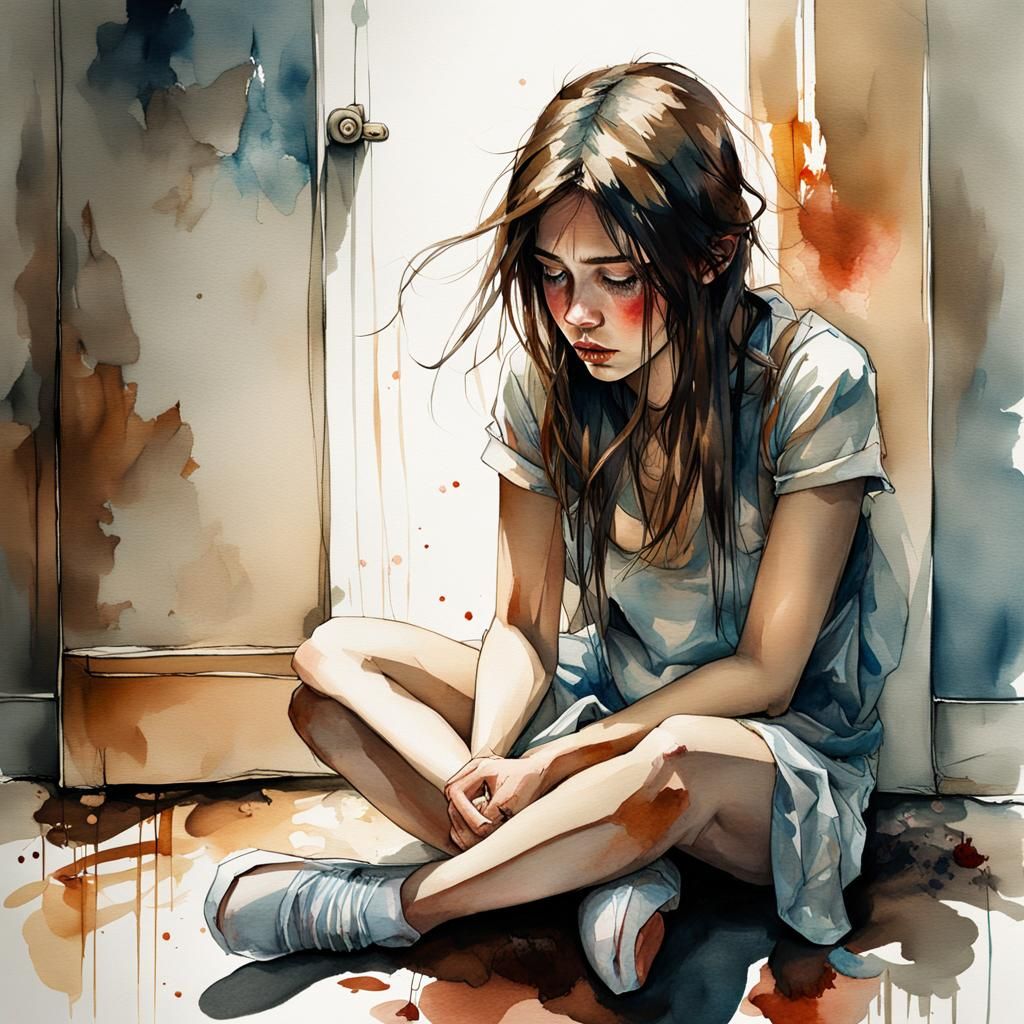 Sad Girl in Room: Stylized Watercolor Illustration