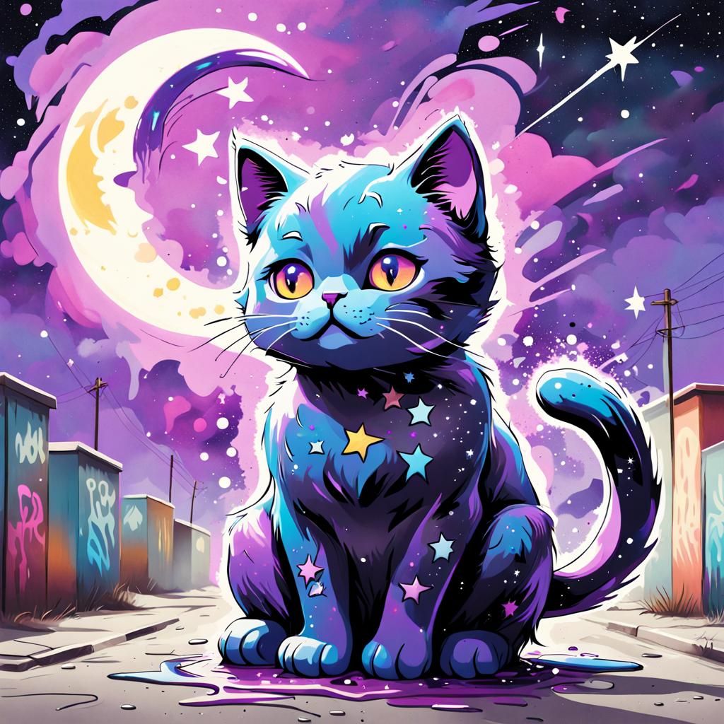 Starry Cat in Graffiti Splash Art Style