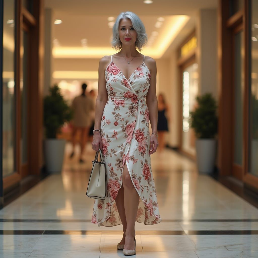 Elegant Woman in Floral Dress, Mall Entrance Portrait