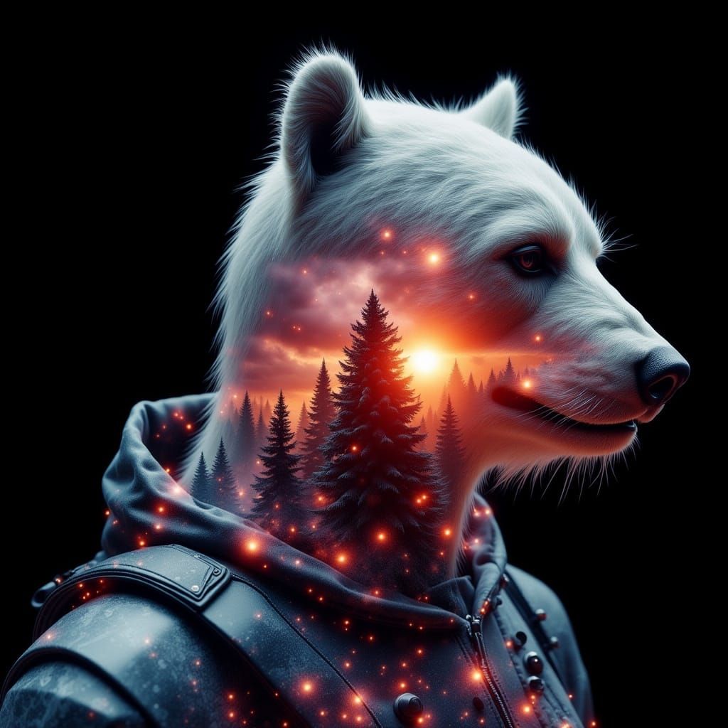 Futuristic Bear in Bioluminescent Double Exposure