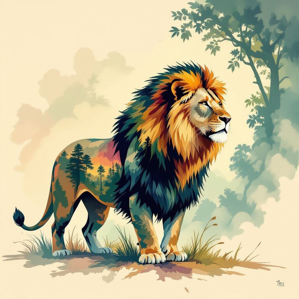 Lion Silhouette in Surreal Jungle Oil Painting