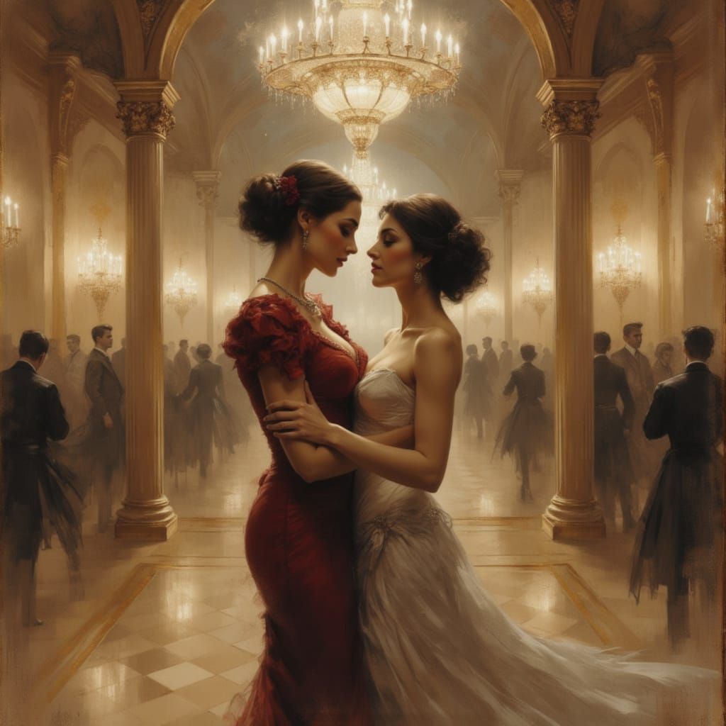Lesbian Couple Dancing in Opulent French Dancehall
