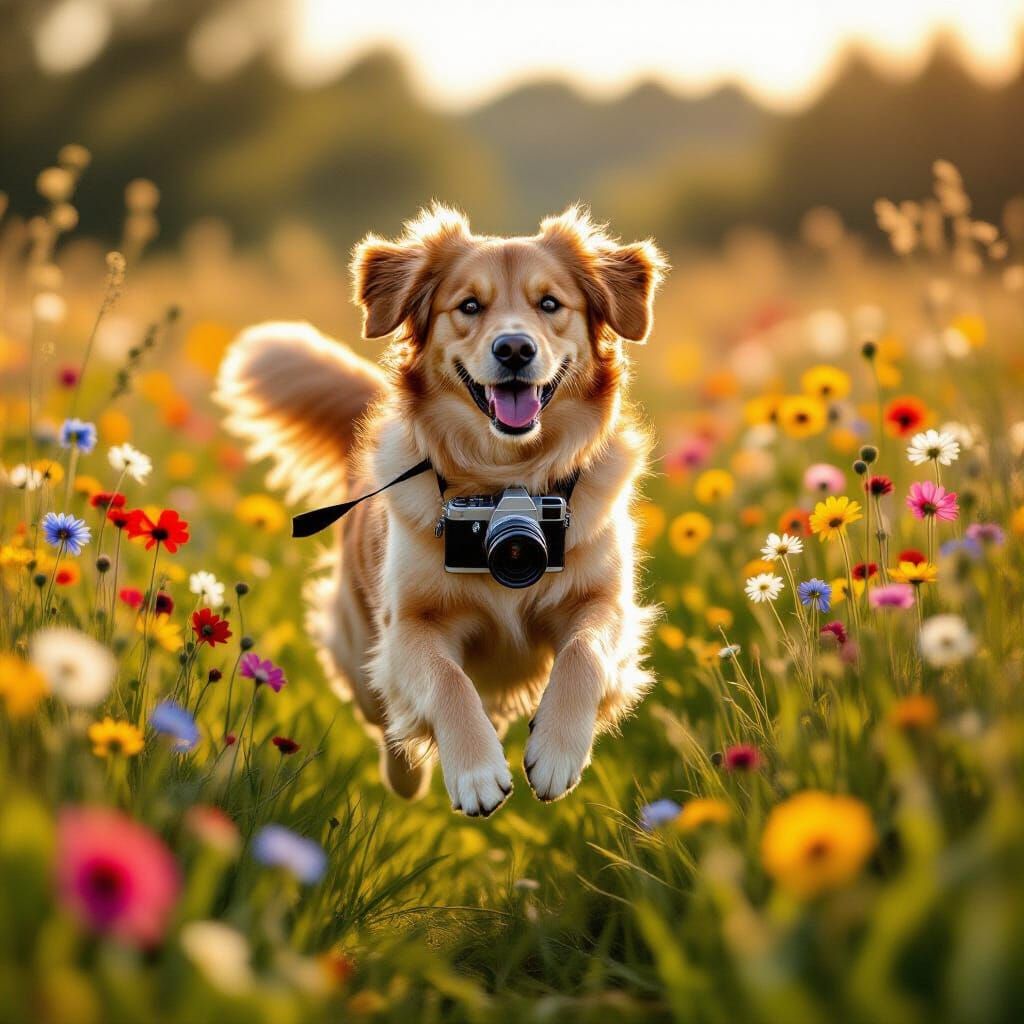 Golden Retriever Capturing Wildflower Field in Vintage Style
