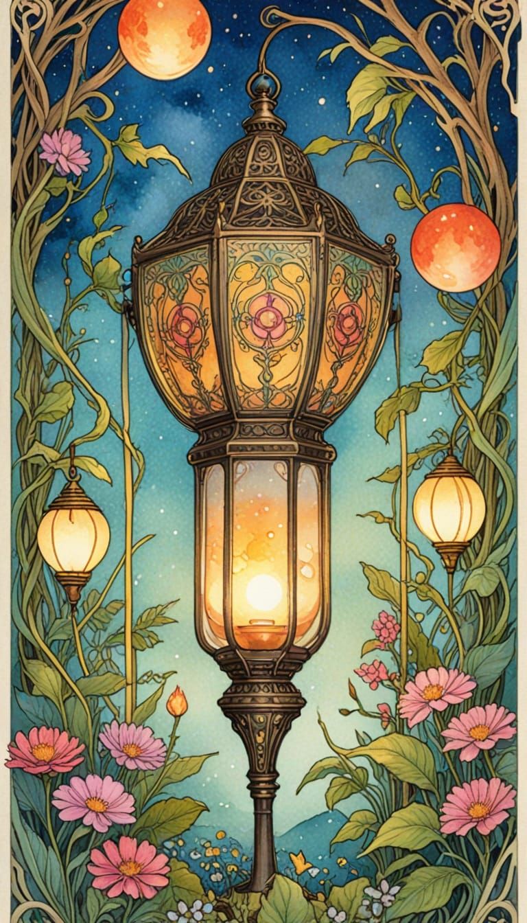 Whimsical Art Nouveau Garden Lantern in Vibrant Watercolour