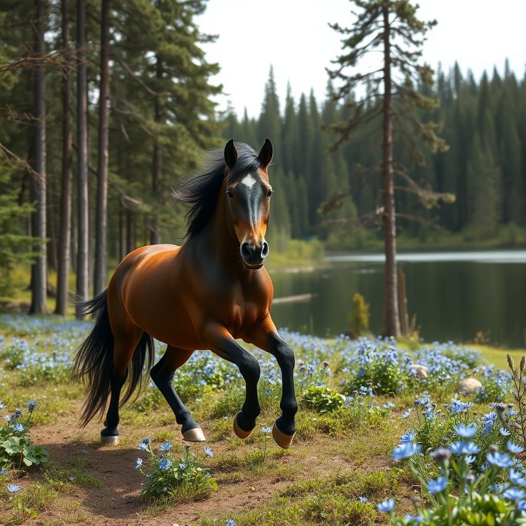 Mustang Galloping near Lake with Blue Flowers