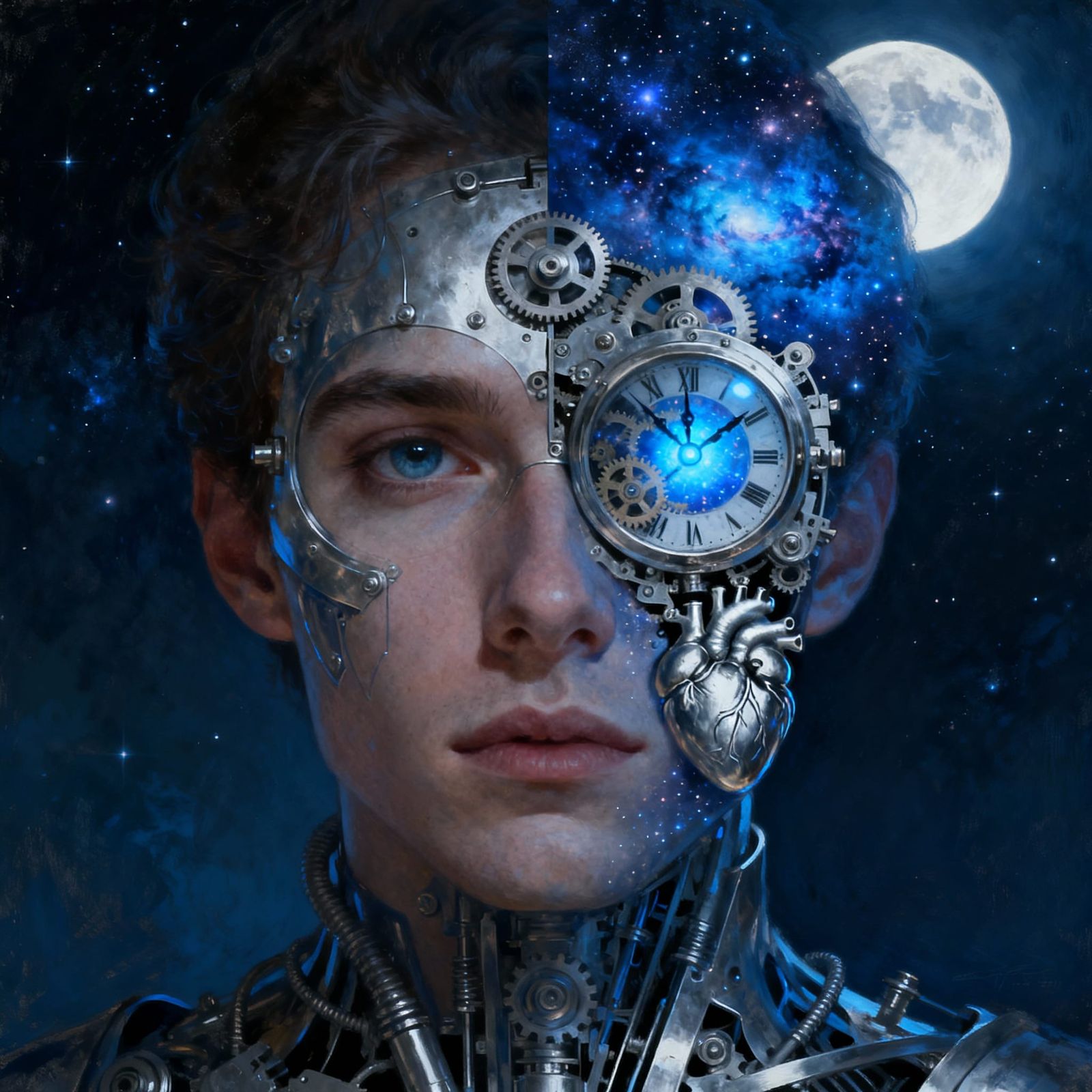 Surreal Face Double Exposure with Mechanical Eye and Cosmic ...