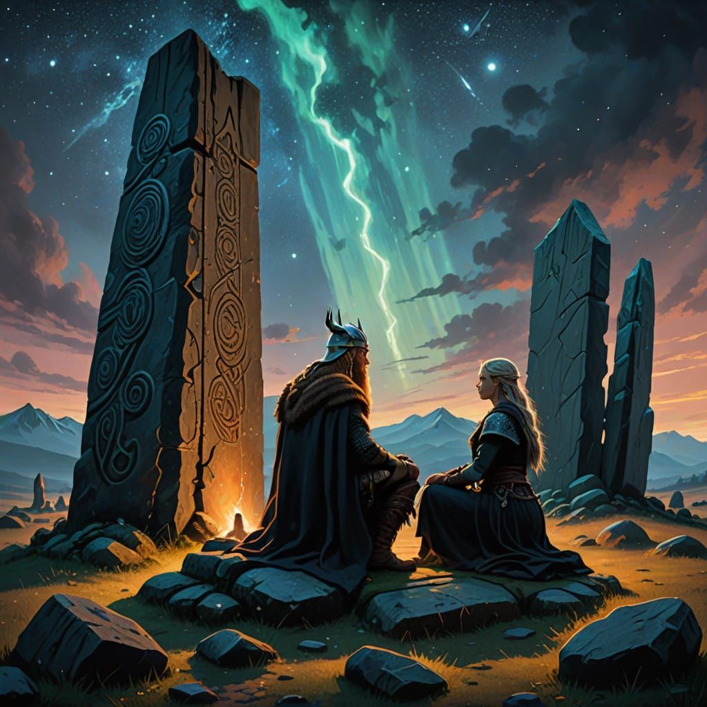Viking Warrior and Woman by Standing Stones