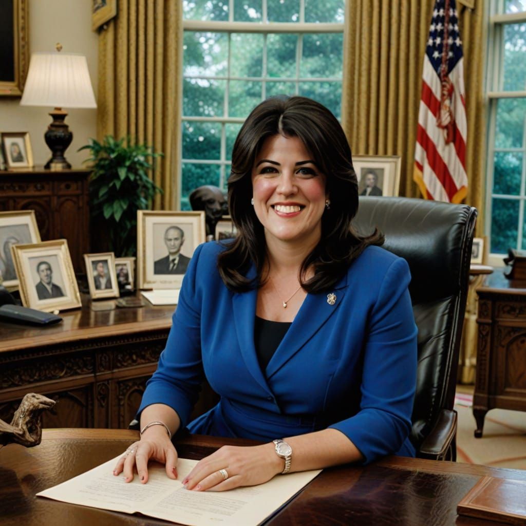 Monica Lewinsky in Oval Office, Blue Dress on President's De...