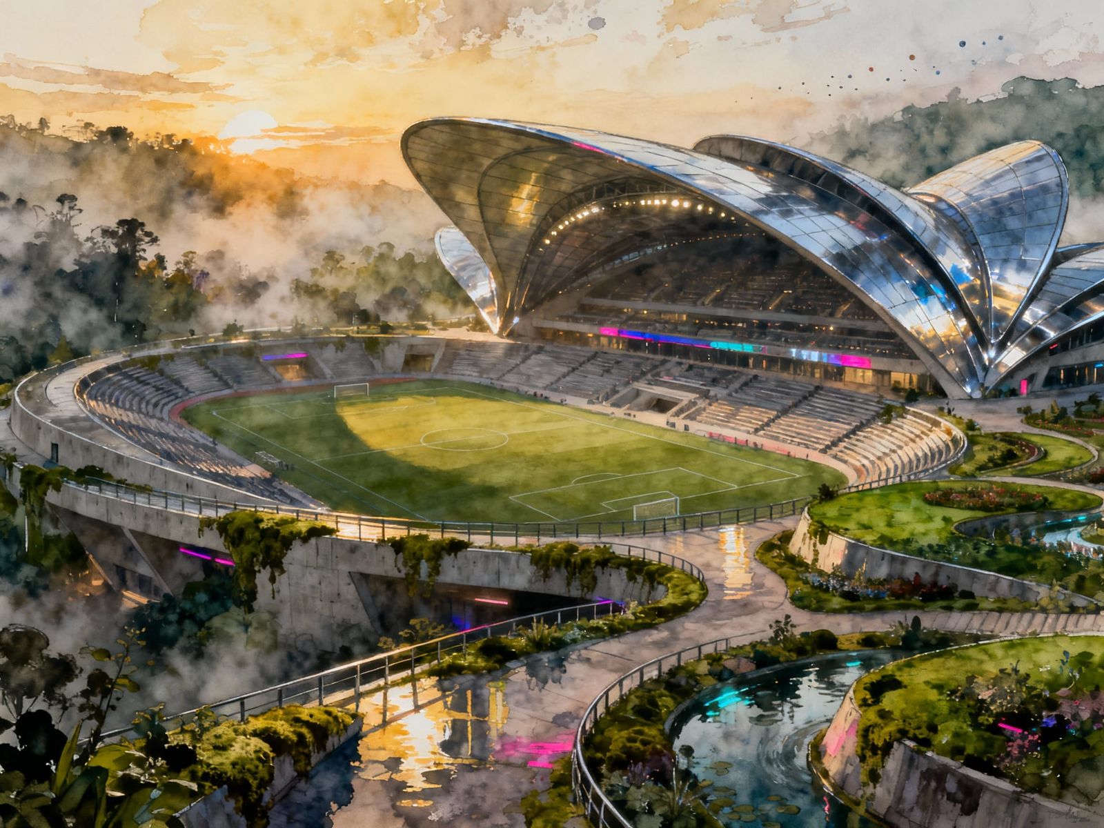 Futuristic Eco Sports Complex at Sunrise