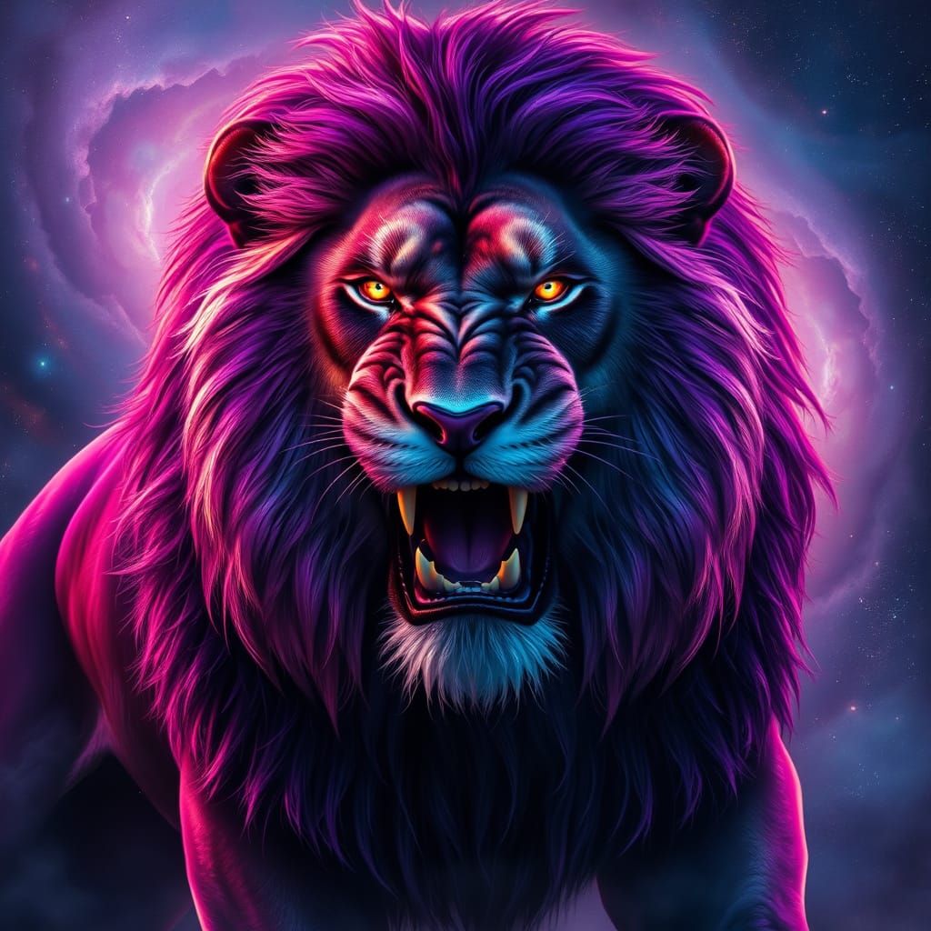 Majestic Aubergine Lion Growling in Nebula