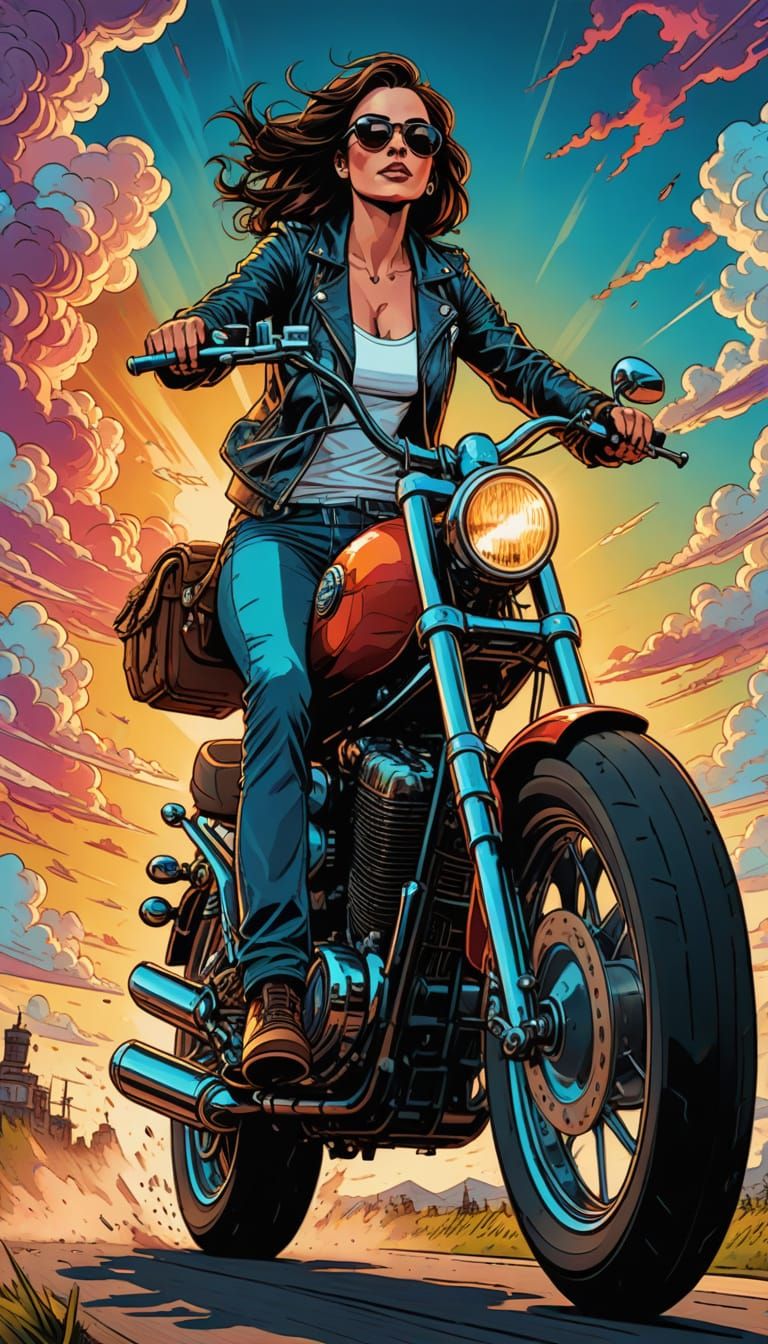 Brunette Biker on Chopper in Pop Art Style