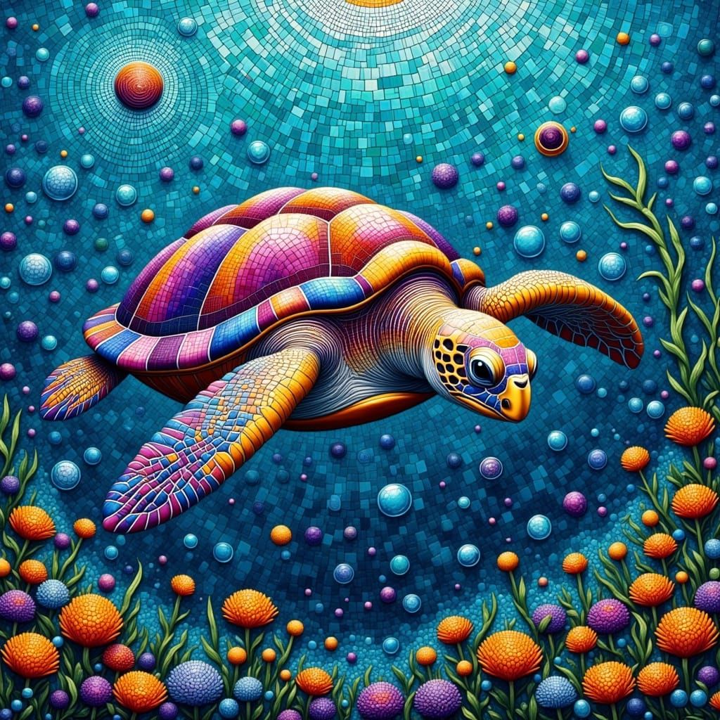 Mosaic Sea Turtle in Deep Blue Ocean, Full Moon Above
