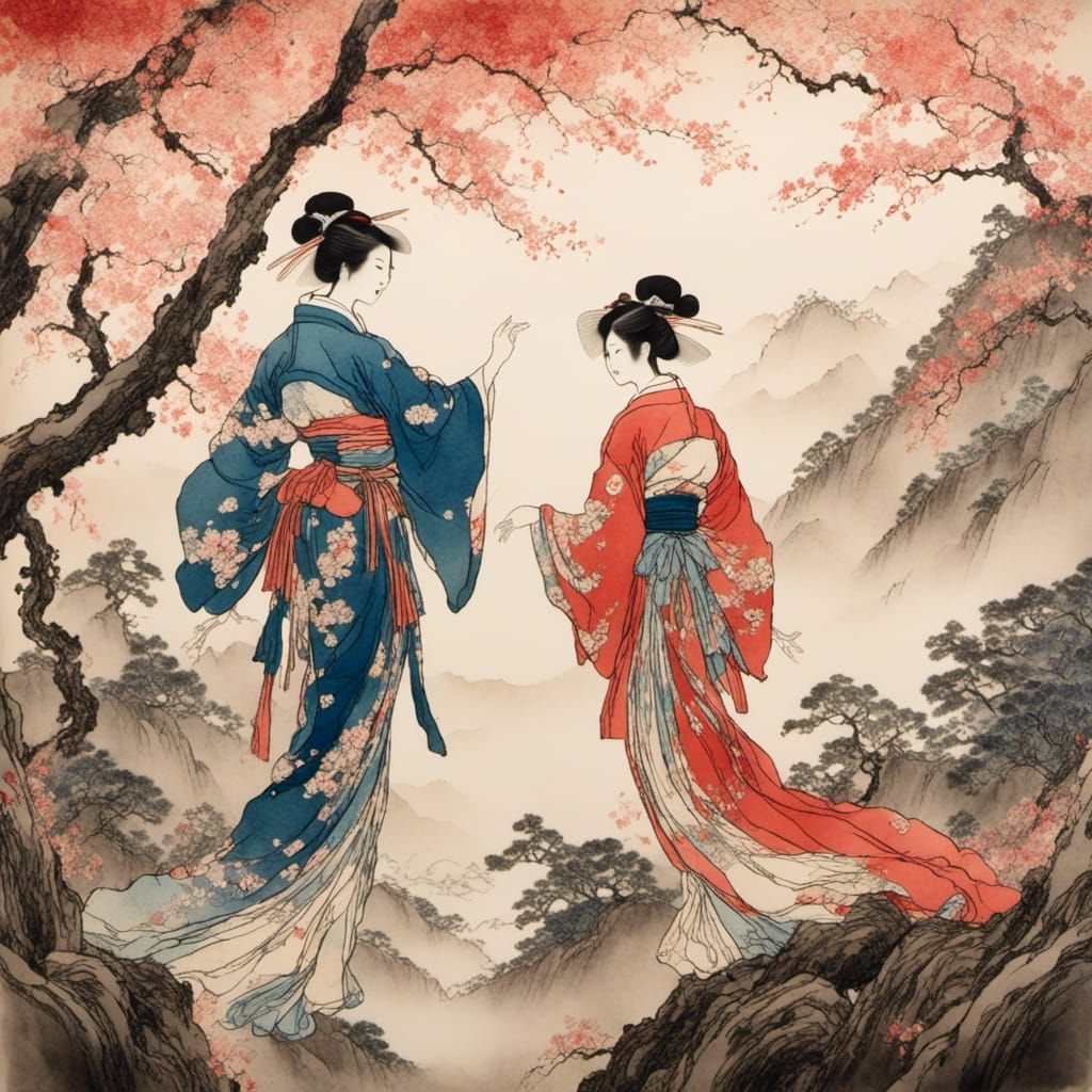 Japanese Women Karate Fight in Ukiyo-e Style