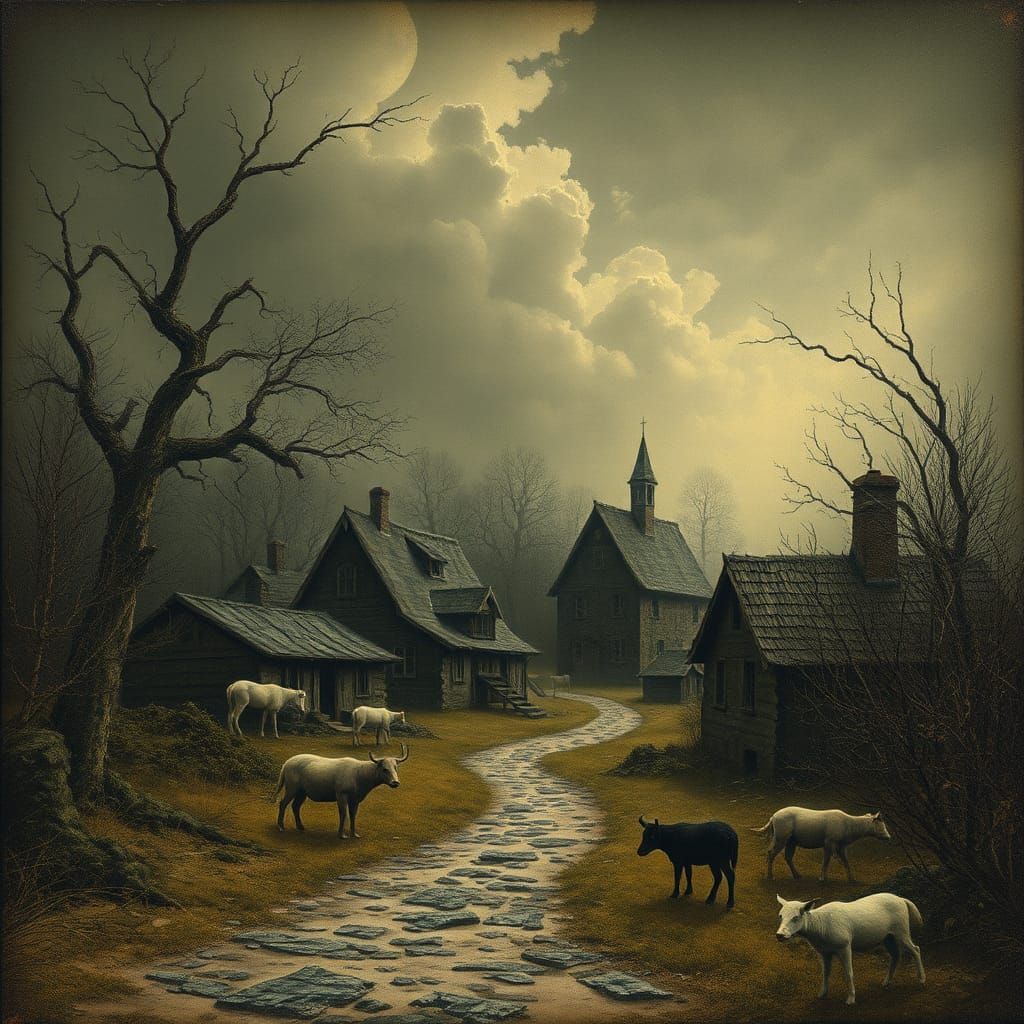 Encaustic Village Scene with Animals in Dark Style