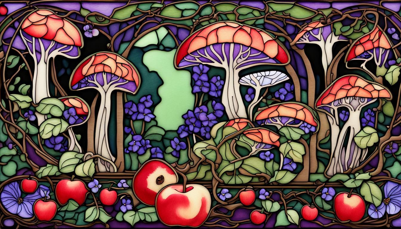 Art Nouveau Stained Glass Garden Scene