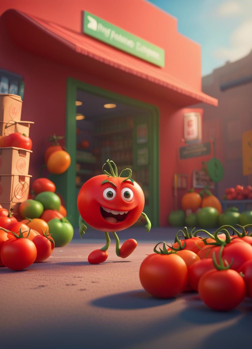 Tomato's Supermarket Escape: 3D Digital Art
