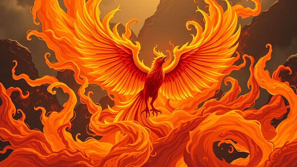 Phoenix Rising From Ashes in Flames